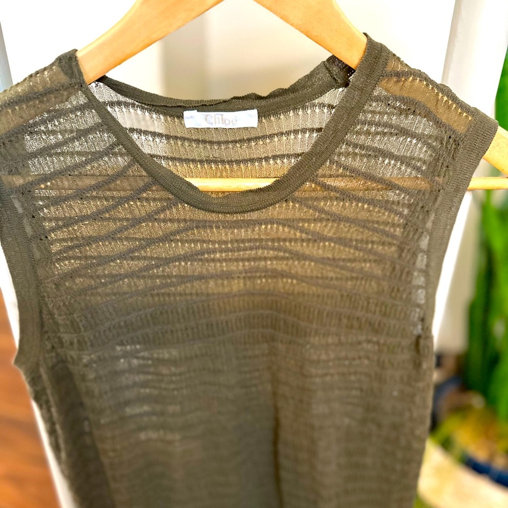 Chloe Smocked Sheer Sleeveless Top Olive Green XSmall